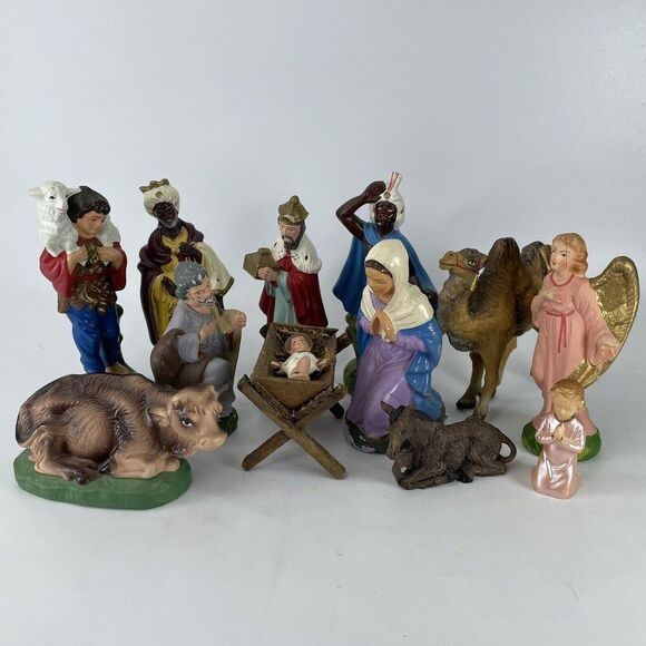 13 PIECE HAND PAINTED PAPER MACHE COMPOSITE NATIVITY SET Japan MCM Christmas VTG - Picture 1 of 12